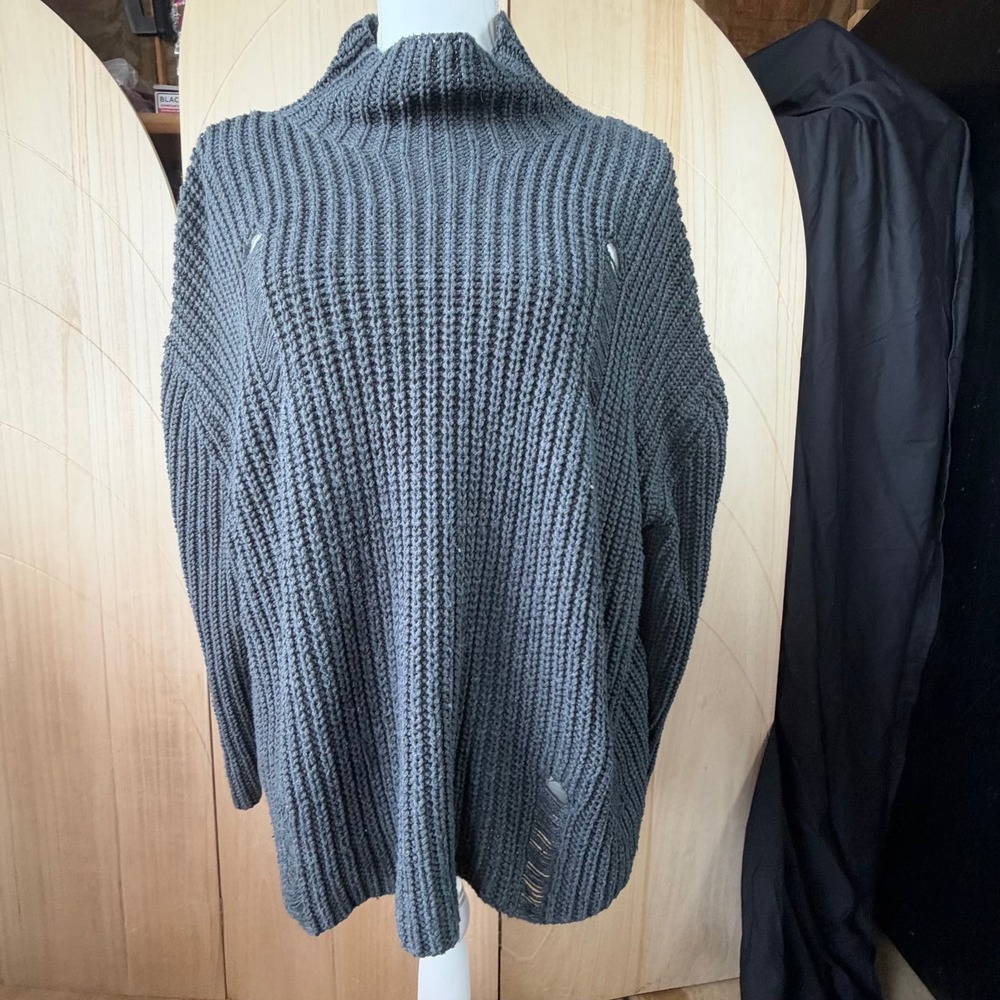 Windsor Distressed Turtleneck Sweater Womens S Grey Oversized Chunky Knit 3711